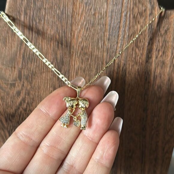 14K Gold Plated and Silver Zirconias Love Couple Pendant with Heart Charm - Picture 5 of 9